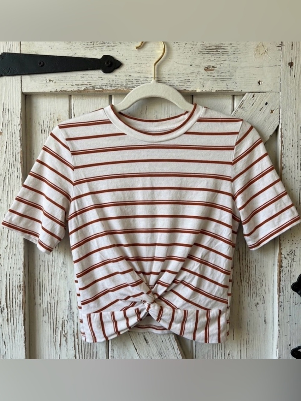Cropped White & Rust Striped Knot Front Tee